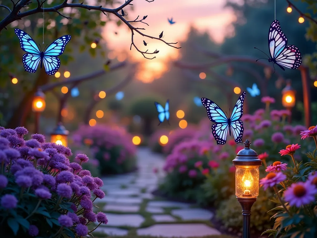 Enchanted Butterfly Garden at Twilight - A dreamy twilight garden scene with soft, ethereal lighting where dozens of colorful butterflies dance among blooming flowers. Delicate paper butterflies in iridescent blues and purples hang from twisted garden branches on invisible threads, catching the last golden rays of sunset. A curved garden path leads through clusters of purple butterfly bush, pink cosmos, and vibrant lantana in full bloom. Ornate metal butterfly stakes with crystal accents reflect the warm garden lights, while real monarchs and swallowtail butterflies flutter between the flowers. Fairy lights twinkle in mason jars scattered throughout the space, creating a magical atmosphere in this backyard sanctuary. Shot from a low angle to emphasize the whimsical, enchanted atmosphere, with selective focus on the foreground flowers and suspended butterflies.