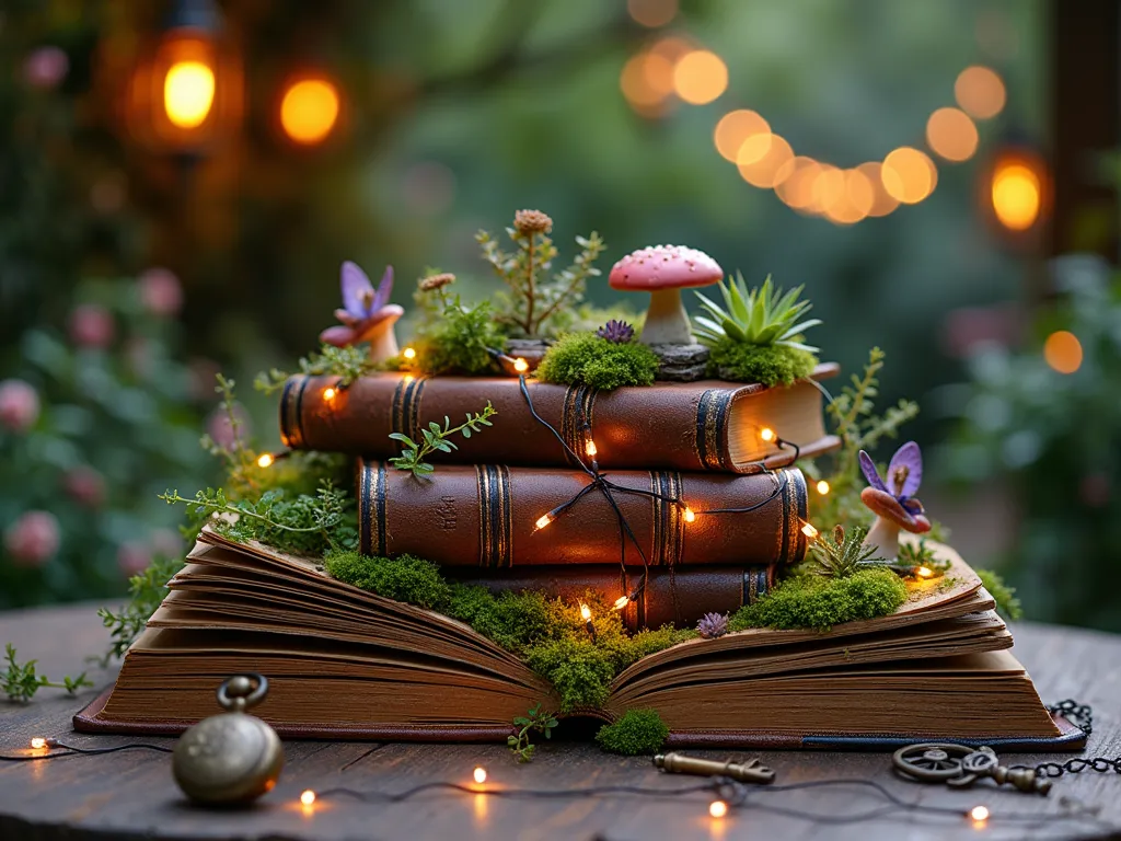 Magical Garden Book Centerpiece at Twilight - Intimate close-up photo of an enchanting outdoor garden table centerpiece at twilight, featuring weathered leather-bound vintage books stacked artfully on a rustic wooden table. The books are adorned with delicate moss and wild violets cascading down their spines, while tiny fairy gardens with miniature mushrooms and succulents nestle between the pages. Warm, glowing LED string lights are woven throughout, creating a magical ambiance. Antique brass keys and an ornate pocket watch rest against the books, catching the golden light. Small fairy figurines perch on the book corners, their wings seemingly sparkling in the dusk light. The background shows a softly blurred garden setting with hanging lanterns and climbing roses, creating depth and atmosphere.