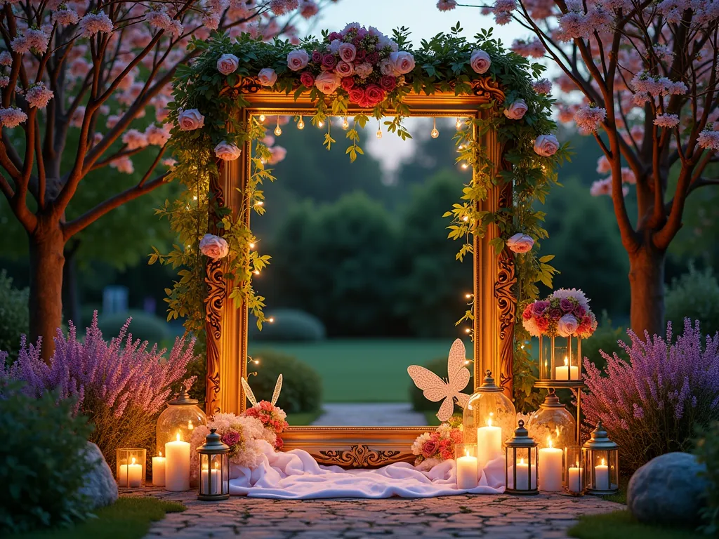 Magical Garden Photo Booth at Twilight - A whimsical outdoor photo booth setup at twilight in a lush garden setting, featuring a large ornate gold vintage frame suspended between two flowering cherry trees. The frame is draped with cascading English ivy and twinkling warm white fairy lights. Rose bushes and lavender plants border the scene. Ethereal props including iridescent butterfly wings, delicate flower crowns made of garden roses and wildflowers, and crystal-tipped illuminated wands are artfully arranged on an antique brass stand. Soft purple and blue uplighting creates magical shadows, while paper lanterns and mason jars with floating candles add to the enchanted atmosphere. Shot from a slight angle to capture depth and magic, with bokeh effects from the fairy lights creating a dreamy quality.