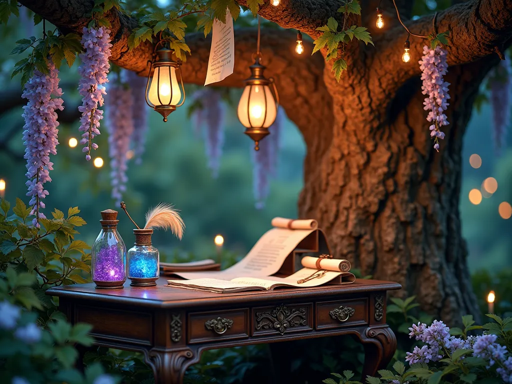 Enchanted Garden Writing Station at Dusk - A magical garden writing nook at dusk, featuring an ancient gnarled oak tree adorned with twinkling fairy lights and hanging glass lanterns. In the foreground, a vintage wooden desk with ornate carvings sits beneath the tree's canopy, decorated with gold-trimmed parchment scrolls, peacock feather quills, and crystal bottles filled with iridescent ink in blues and purples. Delicate paper messages tied with silk ribbons flutter from the tree's branches, while climbing moonflowers and wisteria vines wrap around the trunk, creating a ethereal purple and white cascade. The scene is captured from a three-quarter angle, with shallow depth of field highlighting the writing station while the magical garden backdrop softly blurs with bokeh effects from scattered lanterns and fireflies. Professional lighting emphasizes the golden hour glow, creating a dreamy atmosphere.