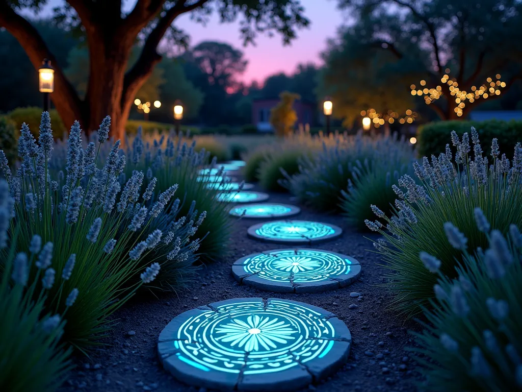 Enchanted Glowing Garden Path - A twilight garden scene captured with a DSLR wide-angle lens, featuring a winding pathway of large, circular stepping stones painted with luminescent Celtic spirals and butterfly patterns that emit an ethereal blue-green glow. Solar-powered LED strips line the edges of the path, creating a magical ribbon of soft white light. The stones are nestled among beds of lavender and moonflowers that frame the path, their silver-white blooms catching the last light of dusk. Fairy lights twinkle in the background, strung between mature oak trees, while illuminated mason jars hang from shepherd's hooks along the path. The photo is taken from a low angle, emphasizing the magical glow of the stepping stones against the deepening purple twilight sky, with a shallow depth of field that creates a dreamy, enchanted atmosphere. Shot at f/8, ISO 100, 1/125 sec for perfect clarity and natural lighting balance.