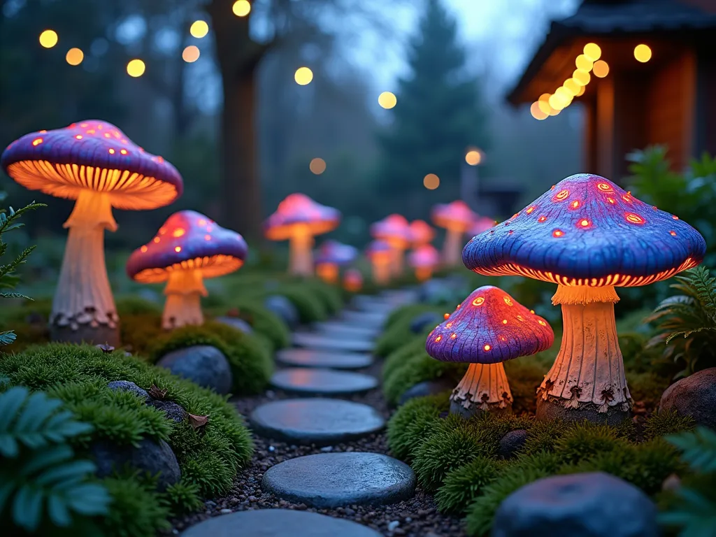 Enchanted Mushroom Garden at Twilight - A magical twilight garden scene captured with a wide-angle lens, featuring handcrafted ceramic mushrooms of varying sizes (8-24 inches tall) scattered among lush ferns and emerald moss. The mushrooms are painted in whimsical colors - deep purples, vibrant reds with white spots, and iridescent blues - with intricate glow-in-the-dark spiral patterns that are beginning to illuminate as dusk settles. A natural stone pathway weaves between the mushrooms, while string lights draped in nearby trees cast a soft, ethereal glow. The foreground showcases detailed moss-covered logs with smaller clusters of illuminated toadstools, while taller mushrooms in the background create depth. Shot at f/2.8 for dreamy bokeh effect, capturing the magical transition between day and night. Photographed at eye level to create an immersive fairy-tale perspective.