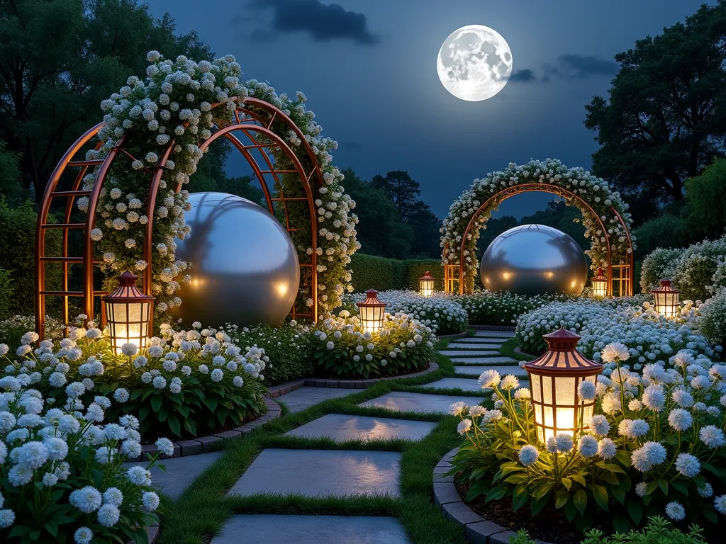 Enchanted Moonlit Garden Haven - A mesmerizing nighttime garden scene captured with a 16-35mm lens at f/2.8, ISO 400. White moonflowers and evening primrose bloom ethereally in a dreamy backyard garden. Large metallic silver orbs of varying sizes reflect moonlight, creating magical light patterns. Strategically placed mirrors amplify the moon's glow, while delicate solar-powered lanterns emit a soft, warm light along winding garden paths. White climbing jasmine cascades from copper arches, with dew drops glistening in the moonlight. The scene is photographed from a slightly elevated angle, capturing the full enchanted garden layout with the moon visible in the background, casting a silvery glow across the magical landscape.