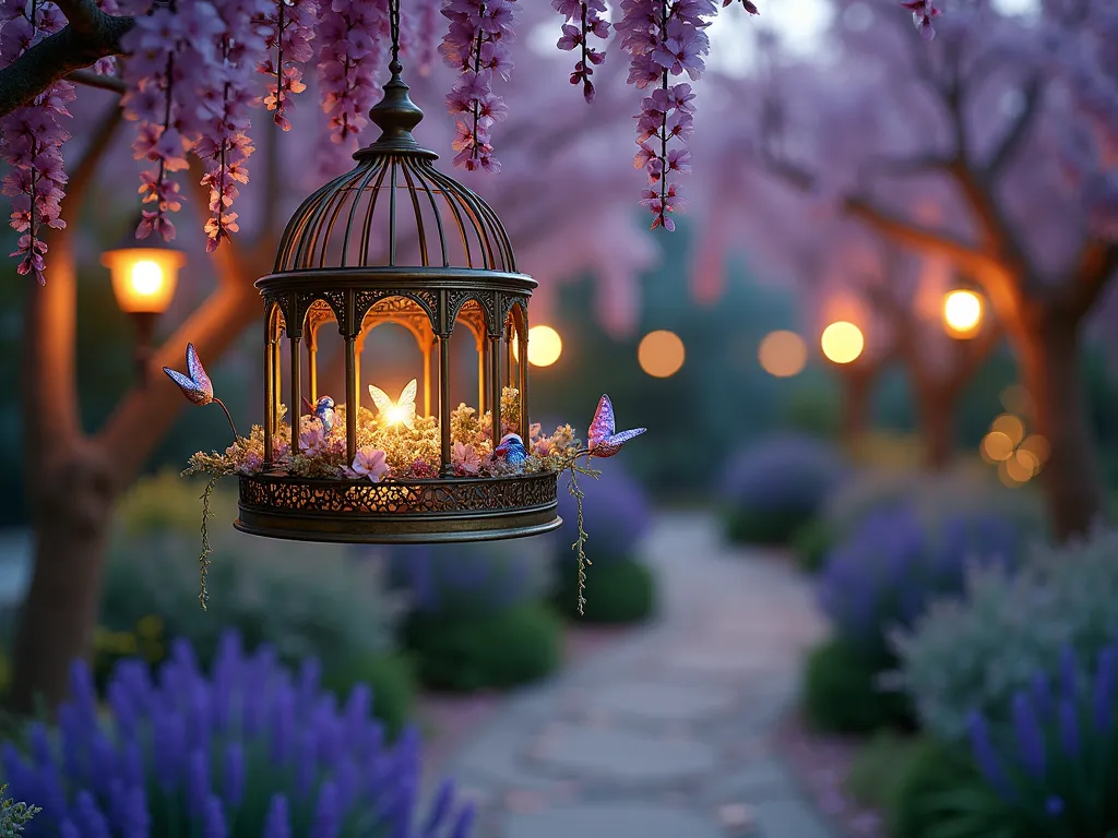 Twilight Enchanted Bird Sanctuary - A dreamy dusk garden scene featuring an ornate vintage bronze birdcage transformed into a magical bird feeding station, suspended from a flowering cherry blossom branch. The birdcage is adorned with cascading purple wisteria, delicate fairy lights, and vintage brass feeding dishes. Surrounding the cage are iridescent glass butterfly stakes catching the last rays of sunset, while decorative ceramic birds in jewel tones perch on weathered copper branches. The background shows a softly lit garden path with lavender borders and scattered rose petals, creating depth. Twinkling solar lanterns hang from nearby trees, their warm light mixing with the cool blue twilight. Shot with shallow depth of field focusing on the illuminated birdcage, with bokeh effects from the fairy lights creating a magical atmosphere. DSLR photograph at f/8, ISO 100, 1/125 sec.