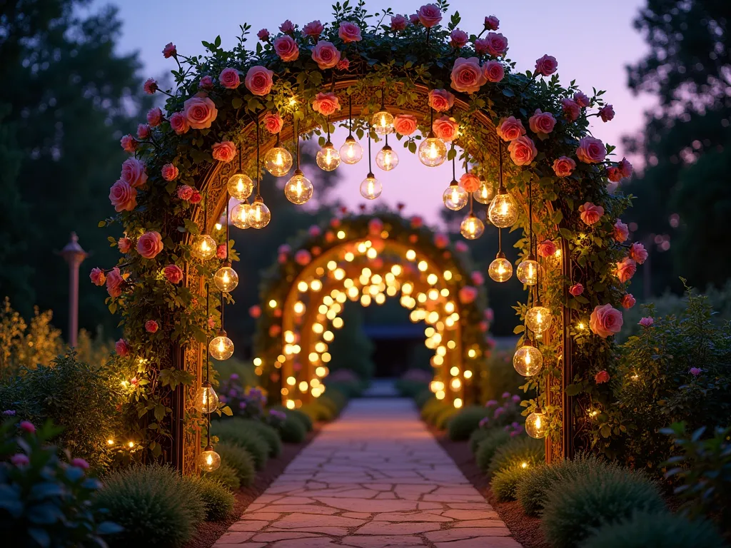 Twilight Enchanted Garden Archway - A mesmerizing garden archway at dusk, crafted from weathered wrought iron and completely enveloped in climbing pink roses and emerald ivy. Dozens of delicate glass orbs in varying sizes hang from the arch, each containing softly glowing warm LED lights that cast a magical golden glow. The pathway beneath is lined with natural stone pavers, while ethereal fairy lights are woven through the foliage, creating a dreamy, luminescent canopy. Shot from a low angle perspective to emphasize the grand, magical entrance, with the dying sun creating a soft purple twilight sky in the background. The arch leads to a dimly lit garden space beyond, suggesting mystery and enchantment.