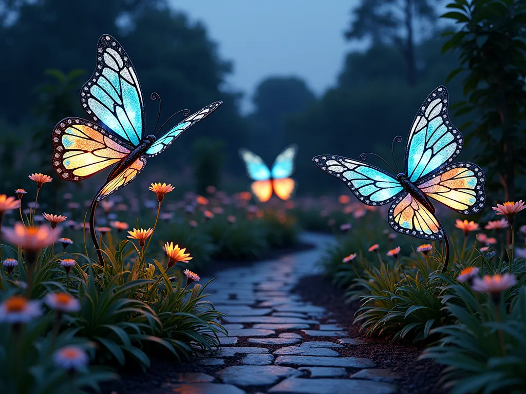 Twilight Metal Garden Art Display - A magical twilight garden scene featuring artistic metal sculptures of oversized butterflies and dragonflies, painted with luminescent glow-in-the-dark paint, casting ethereal shadows on a garden path. The metal art pieces are nestled among blooming moonflowers and evening primrose, with soft solar lighting creating a dreamy atmosphere. The sculptures range from 2-4 feet in height, with intricate filigree patterns that catch the last rays of sunset. Perspective is a medium-wide angle shot, capturing multiple sculptures and their interplay with garden elements, photorealistic style, high detail, mystical evening ambiance.