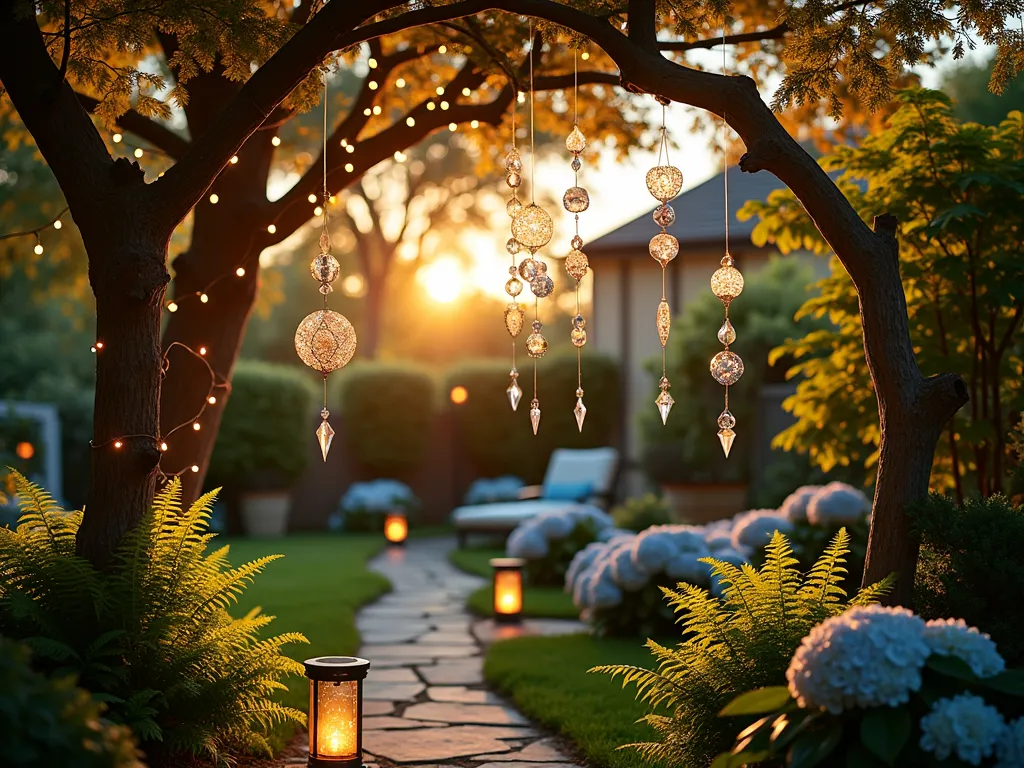 Twilight Musical Garden Sanctuary - A dusk garden scene captured with a wide-angle lens showing a cozy backyard transformed into a magical musical haven. Crystal wind chimes and delicate sun catchers hang from twisted branch arches, casting prismatic light patterns in the golden hour light. Japanese maple trees frame the scene, their leaves gently moving in the breeze. Strings of warm fairy lights weave through the foliage, creating a ethereal glow. Multiple decorative wind chimes of varying sizes create layers of visual interest, while hidden amongst lush ferns and hydrangea bushes are weatherproof bluetooth speakers. The scene is captured at f/2.8 with subtle bokeh effect, emphasizing the magical atmosphere as the sun's last rays catch the crystal elements, creating rainbow reflections throughout the space. The garden path is lined with softly glowing solar lanterns, leading to a intimate seating area visible in the background.