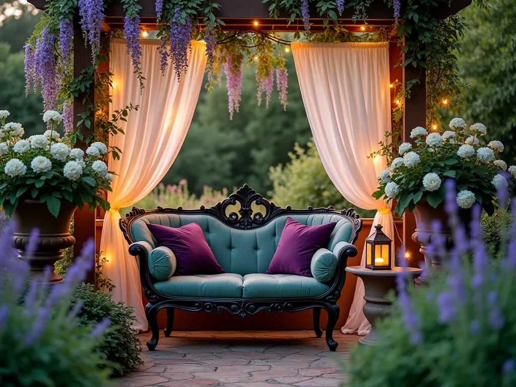 Twilight Secret Garden Nook - A dreamy, intimate garden seating nook at dusk, featuring an ornate vintage wrought-iron loveseat with plush velvet cushions in deep purple and sage green. Sheer white flowing fabric drapes create a canopy overhead, gently swaying in the evening breeze. The seating area is nestled within a lush garden alcove, surrounded by climbing roses and wisteria vines cascading down antique wooden trellises. Soft, warm LED fairy lights are woven through the foliage, creating a magical glow. Large ceramic planters overflow with English lavender, foxgloves, and white hydrangeas frame the space. A weathered copper lantern sits on a rustic side table, adding to the enchanted atmosphere. Shot from a slightly elevated angle to capture the cozy intimacy of the space while showing the surrounding garden context. Ethereal evening lighting with golden hour warmth.