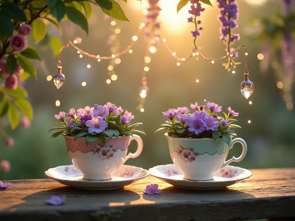 Enchanted Teacup Garden Display - Close-up magical garden scene at golden hour, featuring delicate vintage porcelain teacups and saucers arranged on a weathered wooden garden table. The teacups, in soft pastels and floral patterns, overflow with blooming purple violets, pink fairy roses, and miniature succulents. Crystal prisms hang from copper wire above, casting rainbow reflections. Soft fairy lights weave between the cups, while gossamer ribbons in mint and lavender suspend additional teacup planters from overhanging tree branches. The background shows a blurred English garden with climbing roses and wisteria, creating a dreamy bokeh effect. Ethereal golden sunlight filters through the leaves, highlighting the delicate bone china and dewdrops on the flowers. Photorealistic, mystical atmosphere, with attention to intricate details and textures.