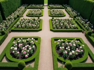 Aerial English Garden Layout - Aerial view of a symmetrical English garden design with circular rose beds, boxwood hedges, and gravel pathways forming geometric patterns, featuring pink and white roses in full bloom