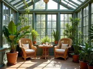 Afternoon Tea Conservatory - A Victorian-style glass conservatory with wicker furniture, trailing plants, and a tea setting, surrounded by potted palms and citrus trees