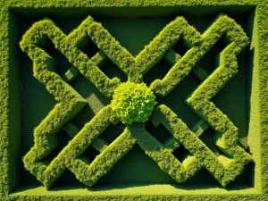 Box Hedge Parterre Border - Geometric box hedge parterre creating a living fence border, aerial view showing intricate pattern design