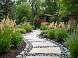 Chelsea Garden Path - A show garden-style pathway with mixed materials of York stone and steel edging, bordered by contemporary prairie-style planting with ornamental grasses