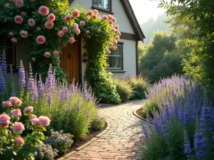 Classic English Cottage Garden - A charming English cottage garden with climbing roses, delphinium spires, and lavender borders along a winding brick pathway, bathed in soft morning light