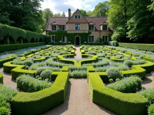 Classic English Parterre - Wide-angle view of a formal parterre garden with clipped box hedges forming intricate patterns, filled with white alyssum and blue forget-me-nots, symmetrical design leading to house entrance