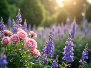 Classic English Rose Border - A lush border garden filled with pastel David Austin roses, delphiniums, and lavender in full bloom, creating a romantic cottage garden atmosphere, photorealistic, soft morning light