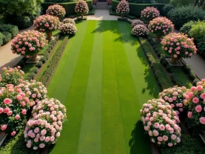 Classic Rose Garden - Aerial view of a formal rose garden with climbing and standard roses in pink and apricot tones, perfectly manicured lawns between beds