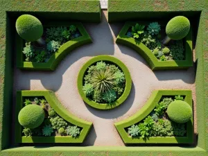 Compact Herb Parterre - Aerial view of a miniature formal parterre garden with neat box hedging and filled with herbs, gravel paths, in a small walled space