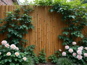 Cottage Garden Bamboo Screen - Natural bamboo screen interplanted with climbing roses and clematis, close-up texture detail