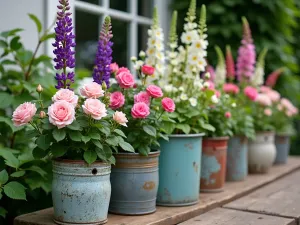 Cottage Container Garden - Close-up of mismatched vintage containers filled with English roses, lupins, and hollyhocks on a small patio