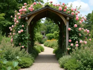 Cottage Garden Arbor - Wooden garden arbor covered in rambling roses and clematis, with a gravel path leading through, bordered by cottage garden perennials