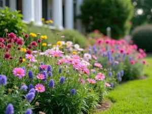 Cottage Garden Color Burst - Close-up of a vibrant cottage garden border with digitalis, campanula, and cosmos creating a naturalistic tapestry of colors and textures in a front yard setting