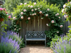 Cottage Garden Corner - A charming small English cottage garden corner with climbing roses on a weathered trellis, lavender borders, and a vintage iron bench, soft natural lighting