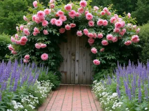 Cottage Garden Entrance - Rustic wooden gate covered in rambling Albertine roses, with a brick path leading through borders of purple salvias and white campanulas