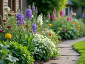 Cottage Garden Flowers - Close-up detail of a cottage garden planting with aquilegia, hardy geraniums, and alchemilla mollis spilling over pathway edges