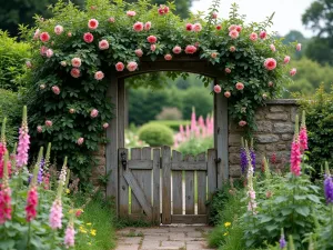 Cottage Garden Gate - A weathered wooden garden gate covered in rambling roses and clematis, opening onto a cottage garden filled with hollyhocks and foxgloves