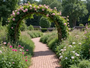 Cottage Garden Path - Winding brick path through informal plantings of cosmos, Canterbury bells, and sweet williams, with climbing roses on rustic arches overhead