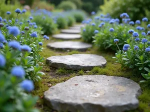 Cottage Garden Stepping Stones - Close-up of weathered natural stone stepping stones surrounded by creeping thyme and forget-me-nots, creating a whimsical path through an English cottage garden