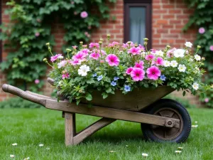 Cottage Garden Wheelbarrow - Rustic wooden wheelbarrow planted with cascading pink and white petunias, forget-me-nots, and ivy, set against a brick wall with climbing roses