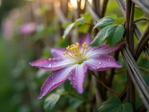 Cottage Garden Woven Fence - Close-up of natural woven willow fence with climbing honeysuckle and clematis, morning dew on petals