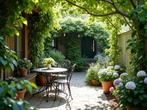 Cottage Patio Garden - Wide angle view of a small patio garden with climbing honeysuckle, potted hydrangeas, and a vintage iron table set, dappled sunlight