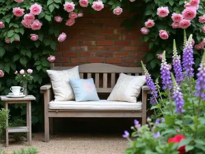 Cottage Tea Garden Nook - A close-up view of a rustic wooden bench nestled against a brick wall covered in climbing roses, with soft cushions and a small side table holding delicate china, surrounded by foxgloves and delphiniums