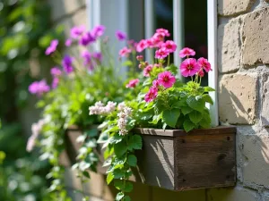 Cottage Window Garden - Close-up of a cottage window garden with window boxes full of trailing geraniums, sweet peas, and traditional herbs