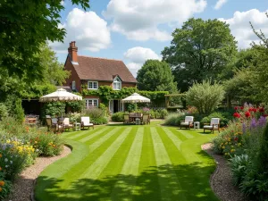 Country Garden Tea Party - A wide-angle view of a lawn area with scattered vintage furniture, bunting, and parasols, surrounded by mixed borders of traditional English cottage garden flowers