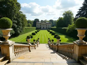 Country House Terrace - Wide view of an English country house terrace with stone balustrades, planted urns, and sweeping steps leading down to a lawn with topiary specimens