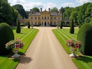 Country Manor Entrance - Aerial view of a grand English manor house entrance with sweeping gravel driveway, bordered by perfectly manicured lawns, topiary specimens, and classical urns filled with seasonal flowers