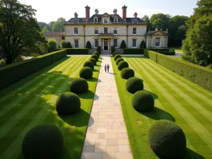 Country Manor Garden Walk - Aerial view of a grand limestone path leading through perfectly manicured lawns and topiary gardens, with a historic English manor house in the background