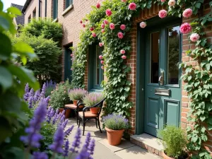 English Balcony Garden - Wide angle view of a small balcony transformed with climbing roses, potted lavender, and trailing ivy, creating a vertical English garden