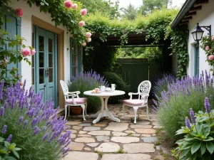 Cobblestone Cottage Patio - A charming English cottage garden patio with weathered cobblestones, surrounded by blooming lavender and climbing roses on whitewashed walls, with vintage iron garden furniture and afternoon tea set