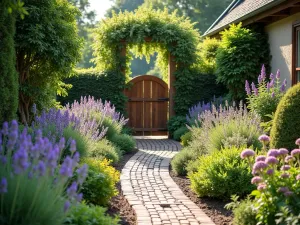 Classic English Cottage Garden Entrance - A charming front yard English cottage garden with a curved brick pathway leading to a wooden gate, bordered by blooming lavender, roses, and foxgloves. Soft morning light illuminates the traditional cottage-style planting