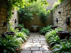 English Courtyard Garden - Intimate courtyard garden with cobblestone paving, wall-mounted fountains, and shade-loving ferns and hostas