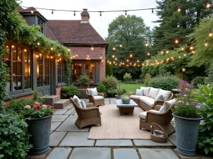 Country Cottage Entertaining - Wide view of a large informal cottage garden patio with mixed vintage furniture, zinc containers of cottage garden plants, and string lights overhead for evening entertainment