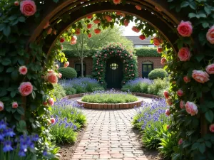 Cottage Garden Gateway - Intimate view through a rose-covered arch leading to a small circular patio, with classic English bluebells and primroses growing between reclaimed brick pavers