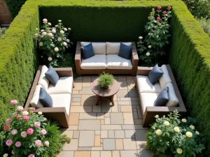 Cottage Garden Room - Aerial view of an outdoor room effect created by yew hedging, with a comfortable seating area on weathered stone, surrounded by hollyhocks and rambling roses