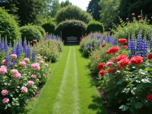 English Garden Seasons - Wide angle view of a traditional English garden showing succession planting with roses, lupins, and delphiniums in full summer bloom