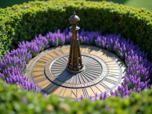 English Garden Sundial - Close-up of an ornate bronze sundial as a focal point, surrounded by a circular arrangement of lavender and santolina with box hedging